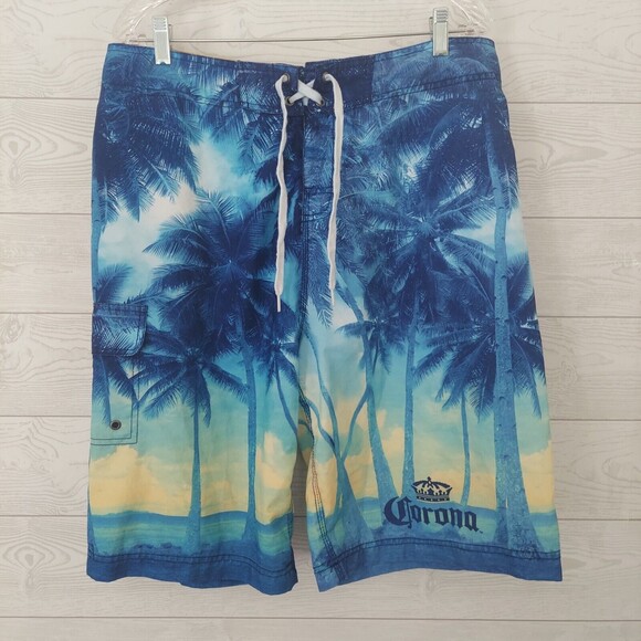 Corona Beer Board Shorts 36 Swim Trunks Palm Trees Ocean - Picture 1 of 10